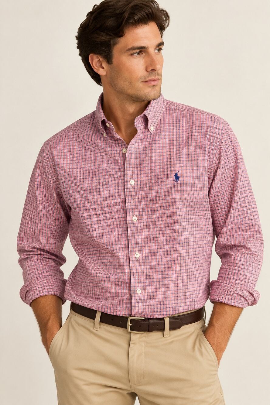 Ralph Lauren Mens Custom Fit Shirt Red Blue White Micro Check Plaid 17 32/33